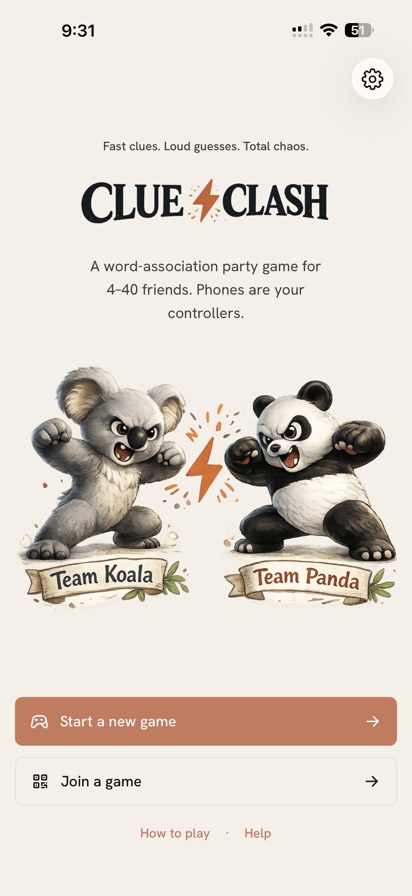 Clue Clash launch screen with Team Koala facing off against Team Panda