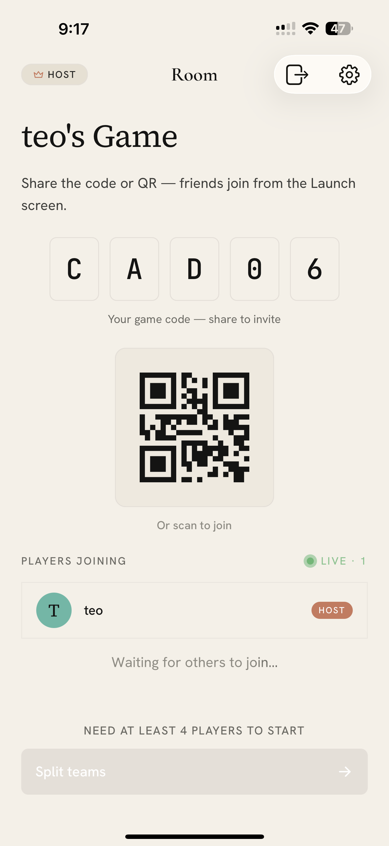 Create a room — share a six-letter code or QR for friends to join