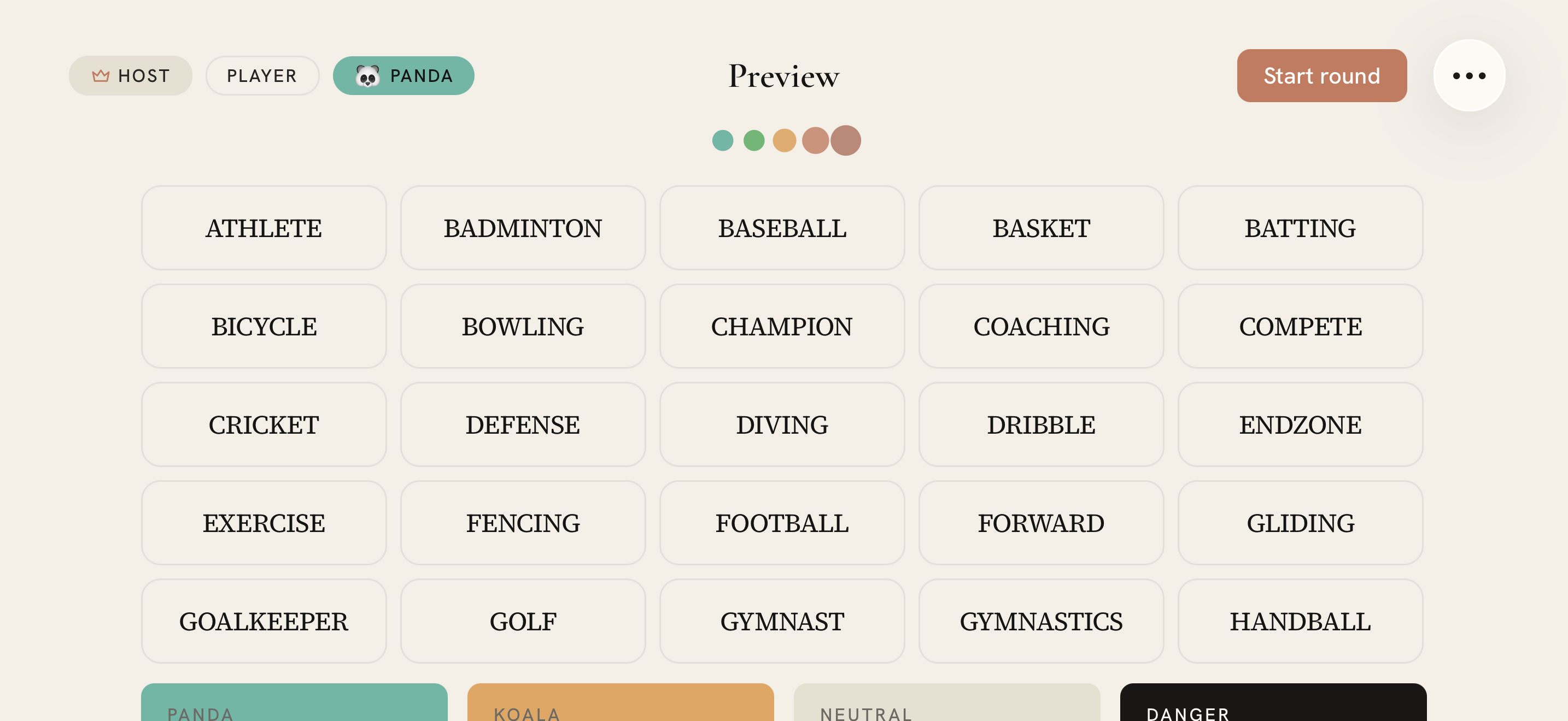 The Clue Giver's preview board, revealing which words belong to each team before the round